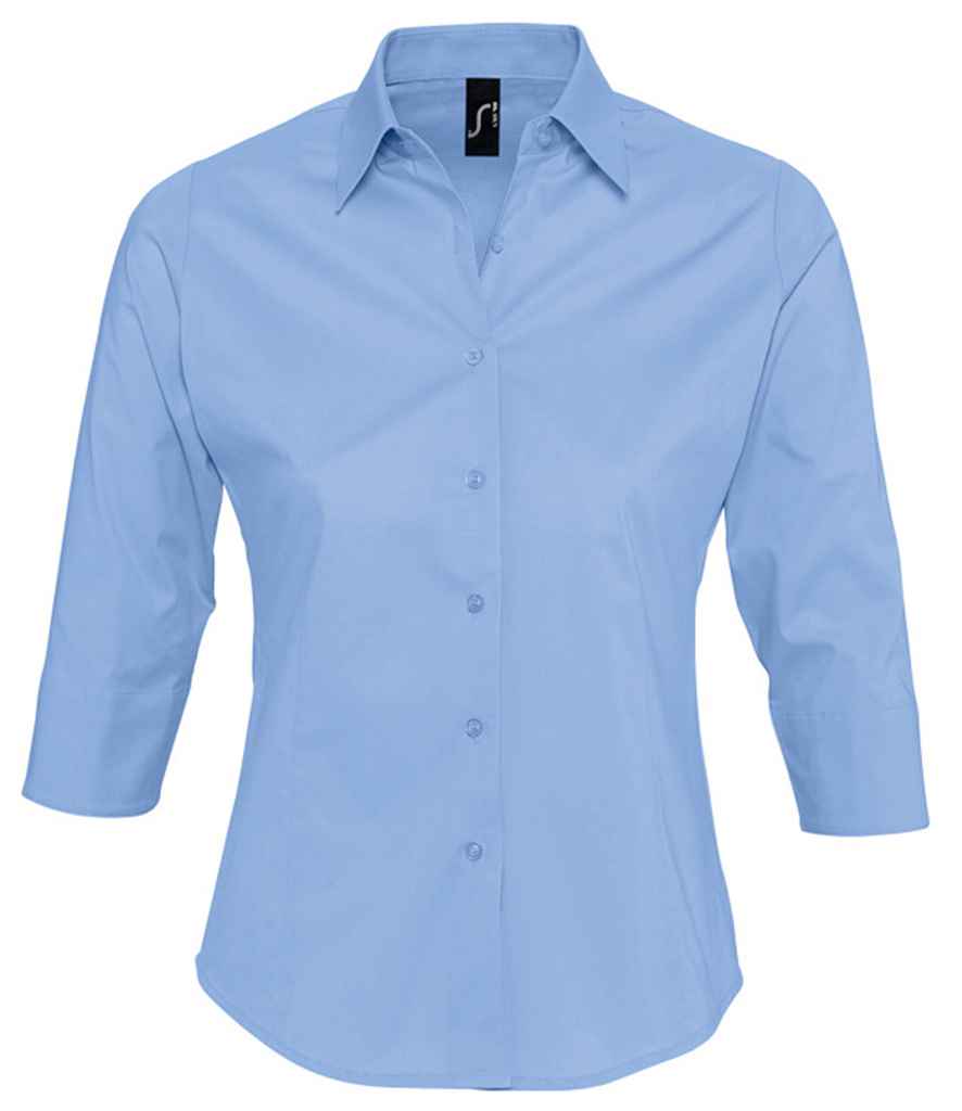 SOL'S Ladies Effect 3/4 Sleeve Fitted Shirt in Bright Sky, front view