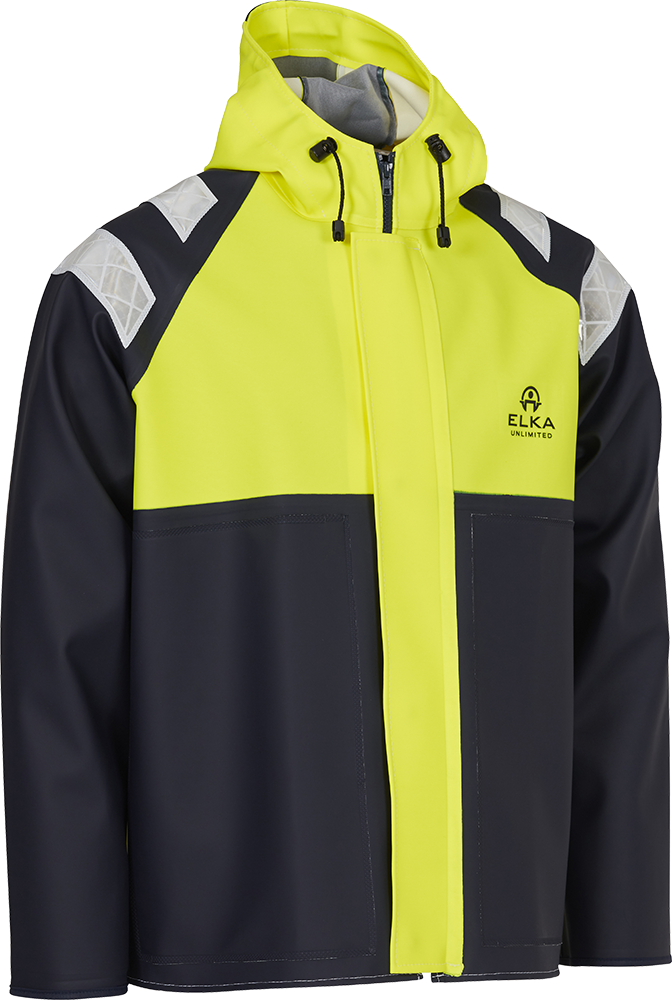 ELKA Rainwear Unlimited Jacket With Zipper in Fl. Yellow/Navy, front view