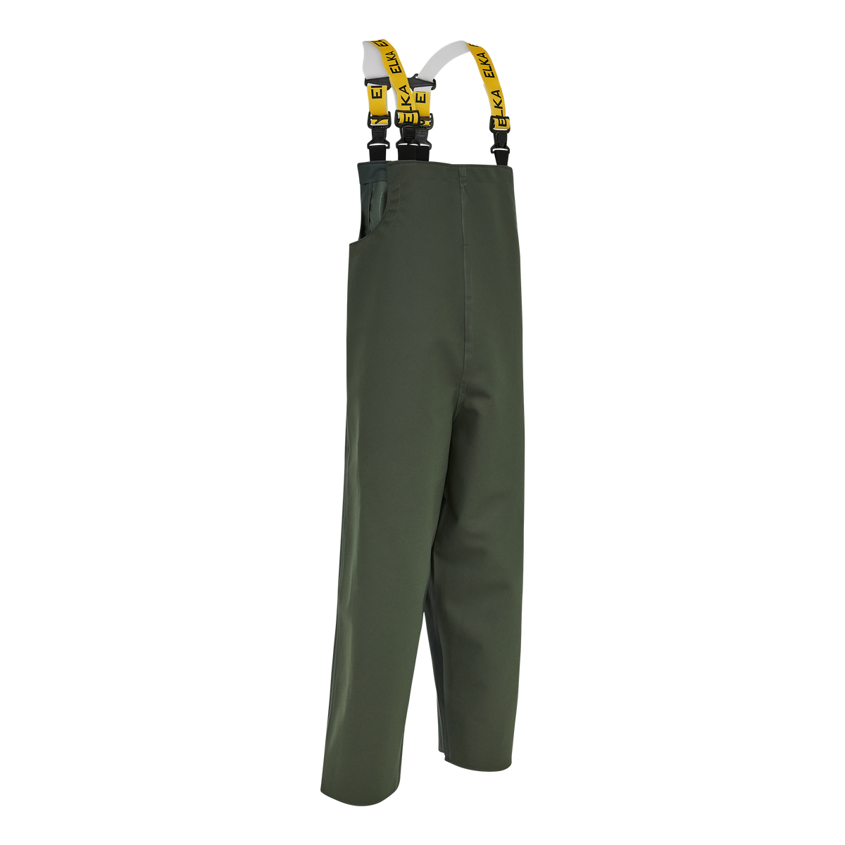 ELKA Rainwear Elastomer/PVC Bib & Brace in Olive, front view