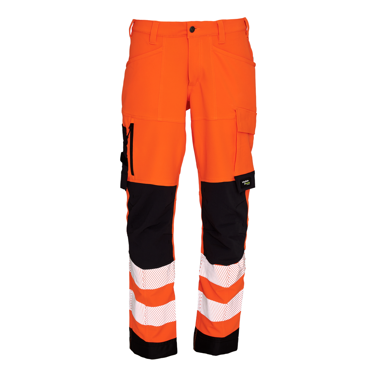 ELKA Rainwear Visible Xtreme Recycled Workwear Trousers - Short model in Fl. Orange/Black, front view