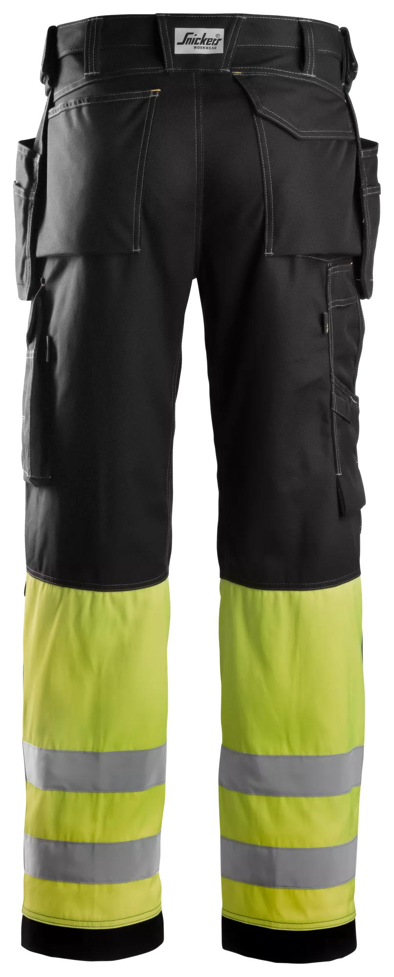 Snickers Workwear 3235 High-Vis Class 1, Cotton Trousers Holster Pockets in Black/Hi-Vis Yellow, back view