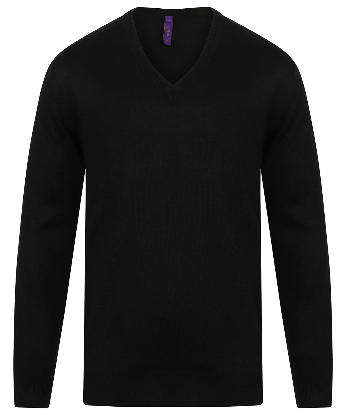 Henbury Cashmere touch acrylic v-neck jumper in Black, front view