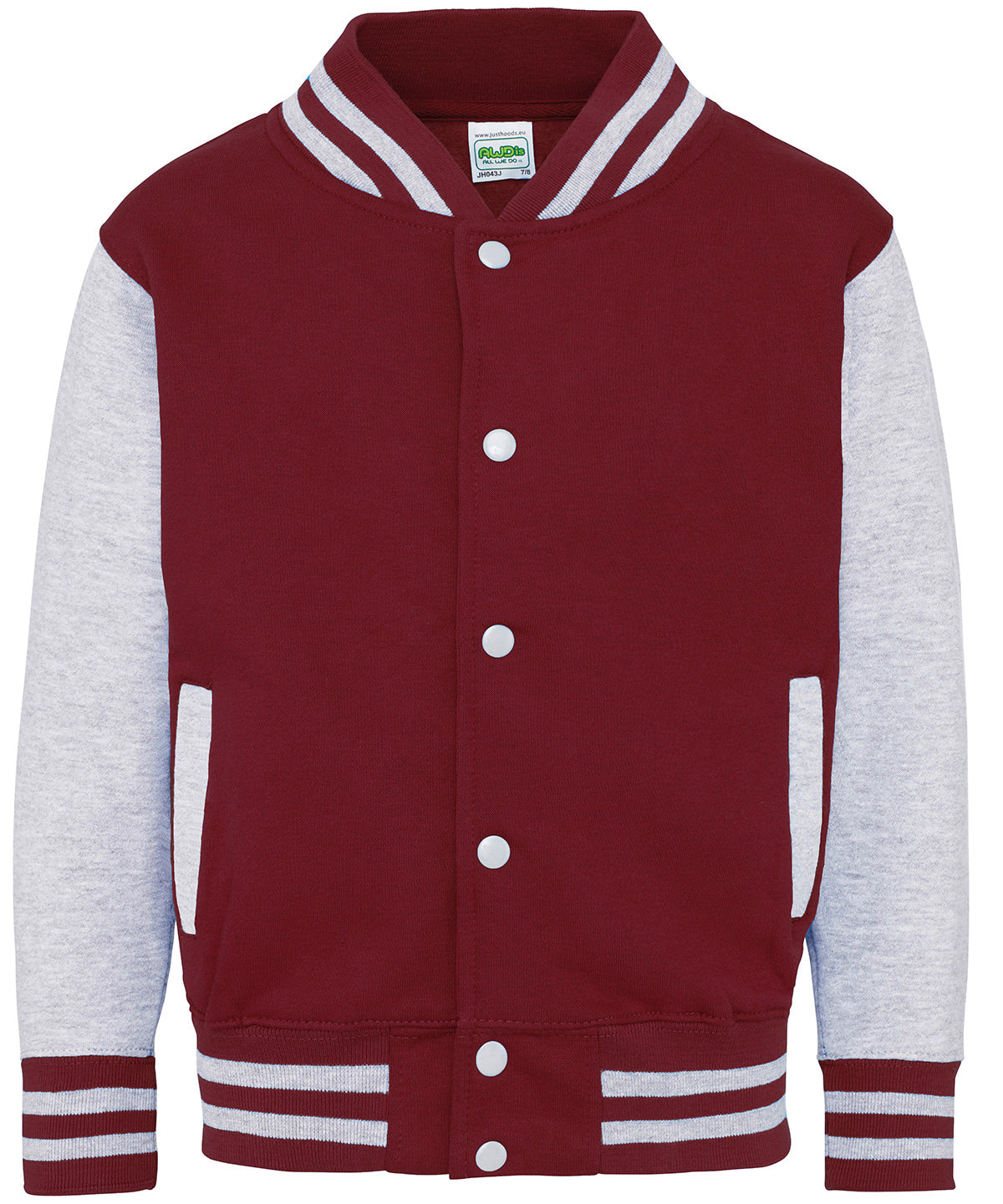 AWDis Just Hoods Kids varsity jacket in Burgundy/Heather Grey, front view