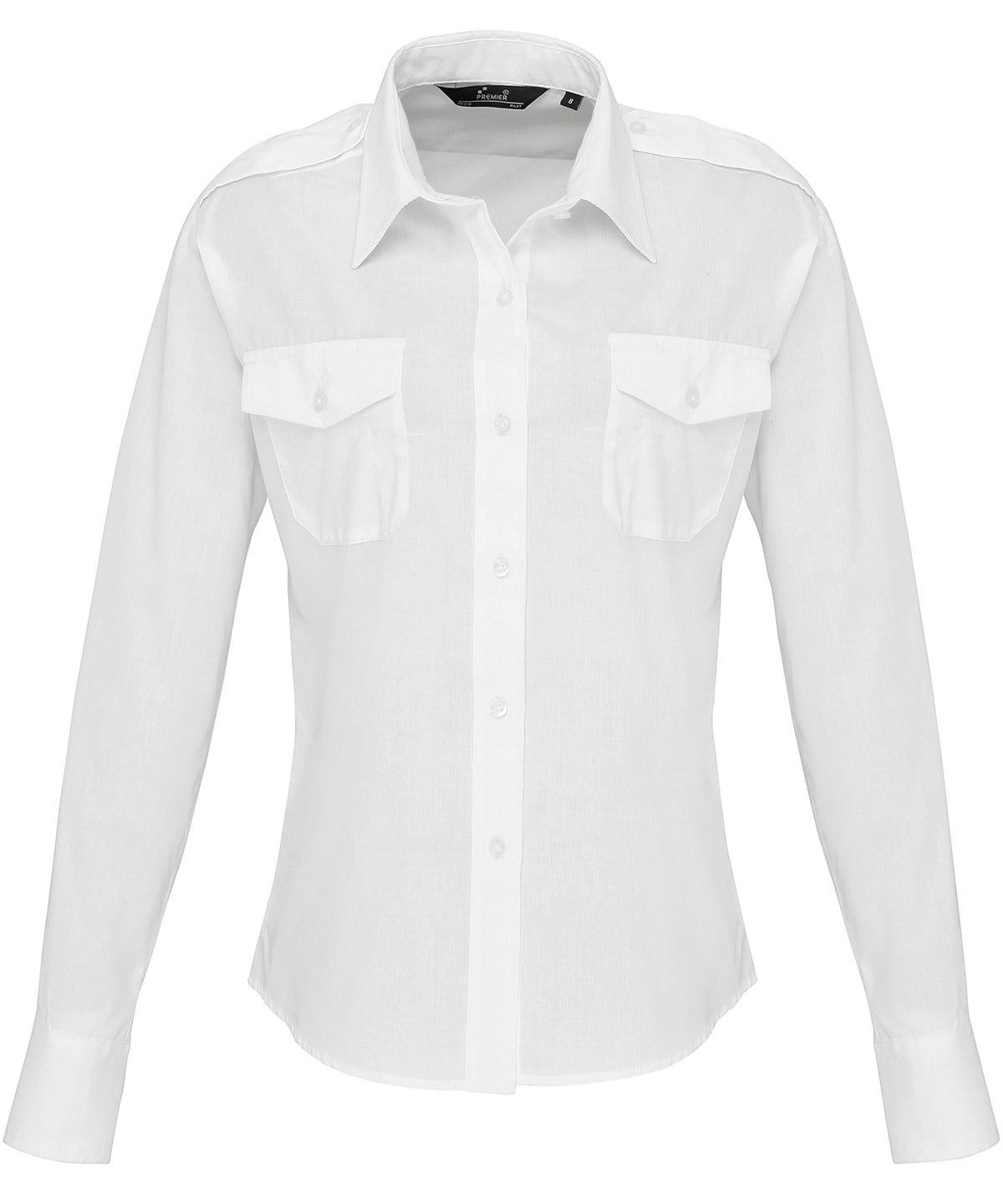 Premier Women's long sleeve pilot shirt in White, front view