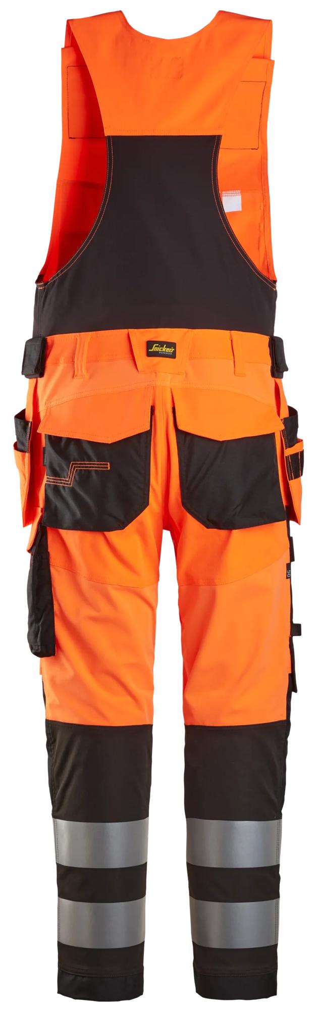 Snickers Workwear 6013 High-Vis Class 2, One-piece Trousers Holster Pockets in Hi-Vis Orange/Black, back view