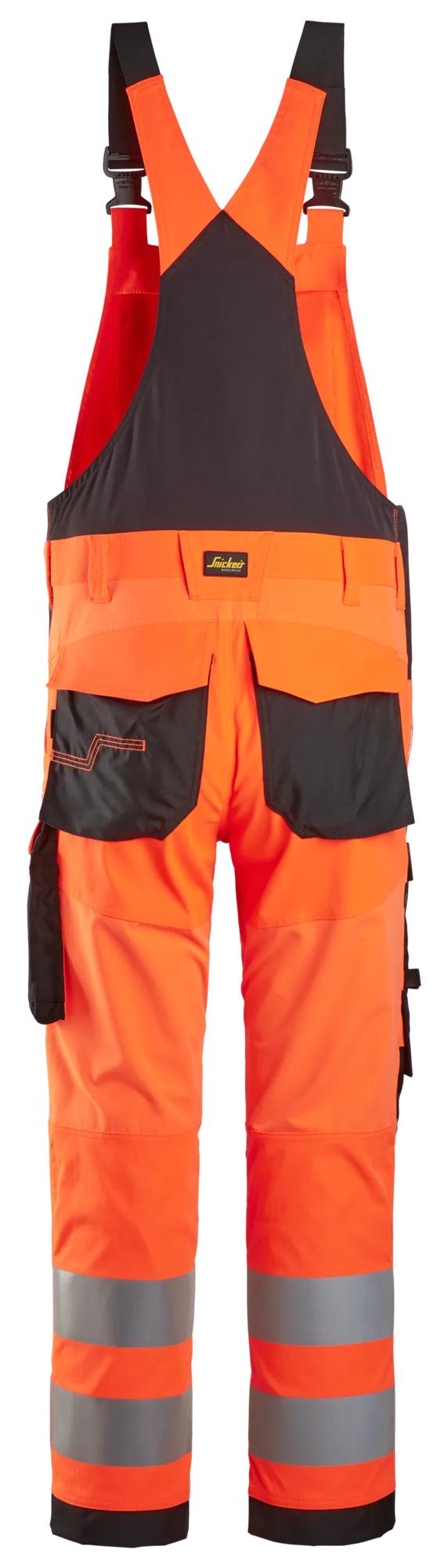 Snickers Workwear 6043 High-Vis Class 2, Bib & Brace Trousers in Hi-Vis Orange/Black, back view
