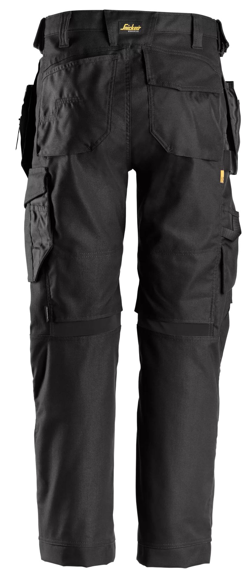 Snickers Workwear 6224 AllroundWork, Canvas+ Stretch Work Trousers+ Holster Pockets in Black/Black, back view