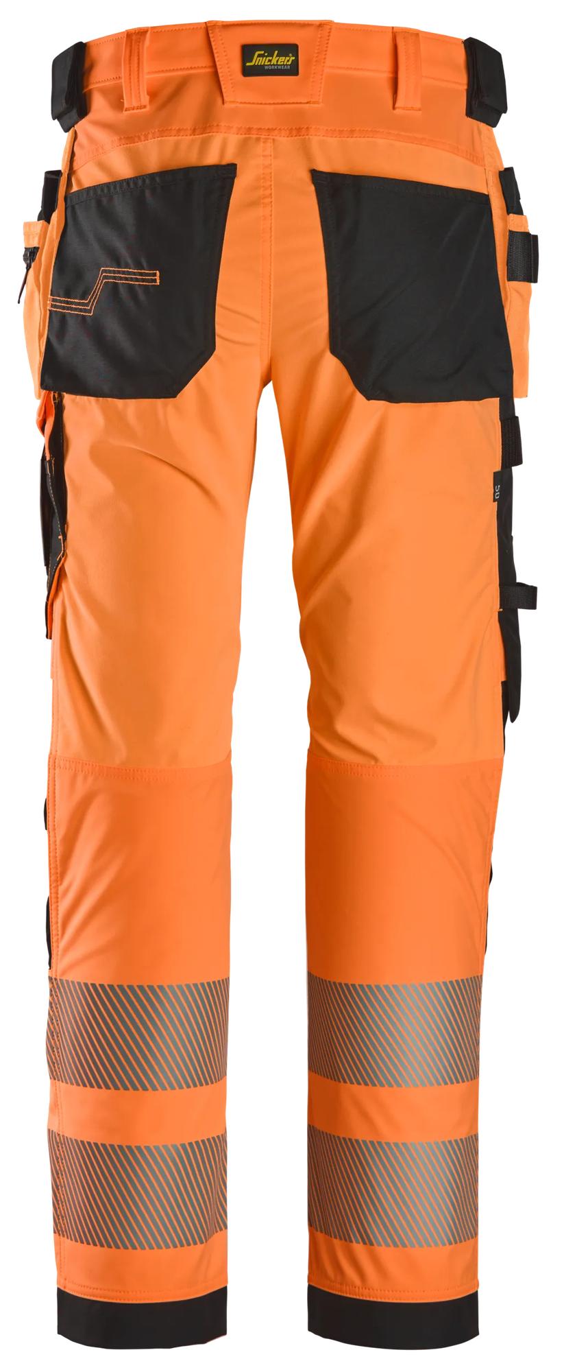 Snickers Workwear 6232 High-Vis Class 2, 4-way Stretch Trousers Holster Pockets in Hi-Vis Orange/Black, back view