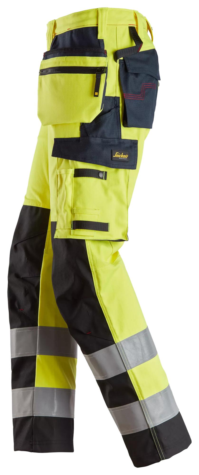 Snickers Workwear 6264 ProtecWork, Trousers Reinforced, Holster Pockets, High-Vis Class 2 High vis yellow/Navy side view