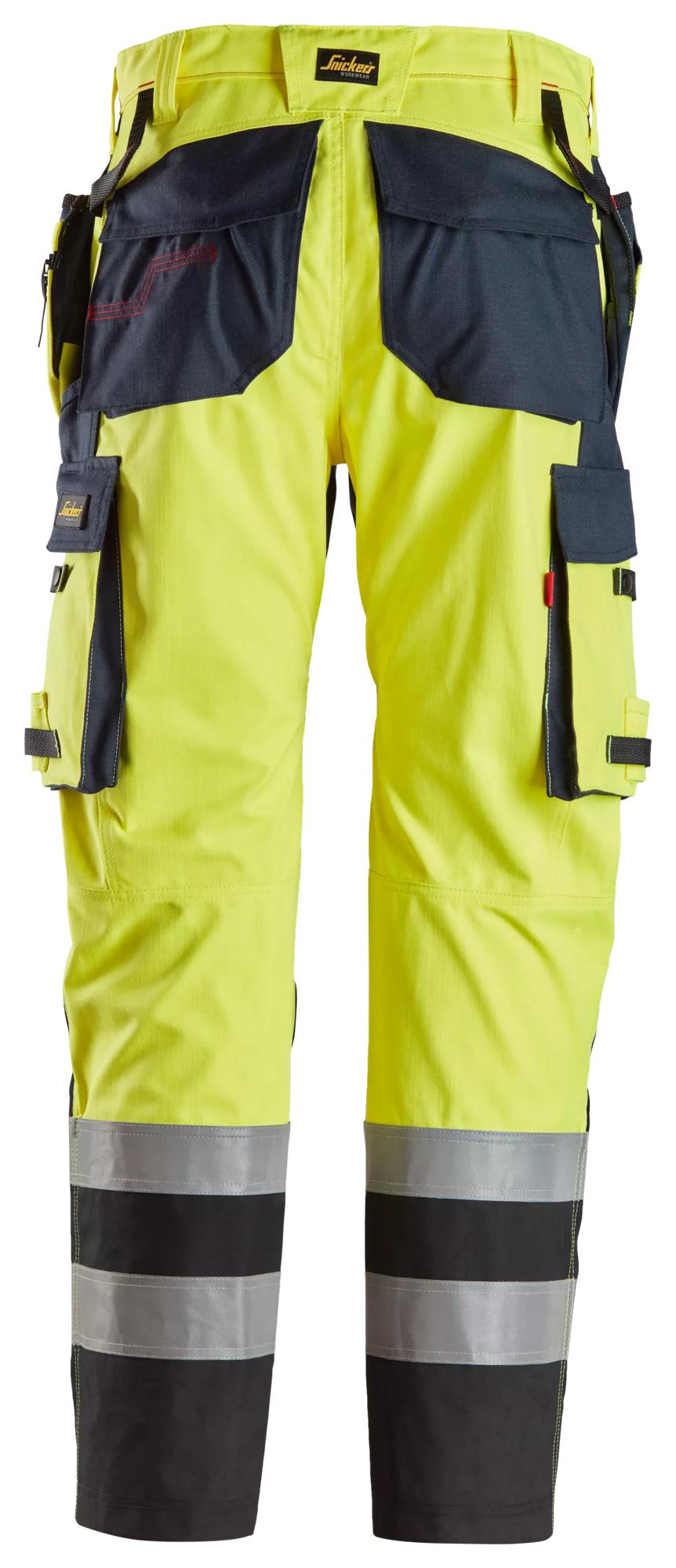 Snickers Workwear 6265 ProtecWork, Trousers Reinforced, Holster Pockets, High-Vis Class 1 in Hi-Vis Yellow/Navy, back view