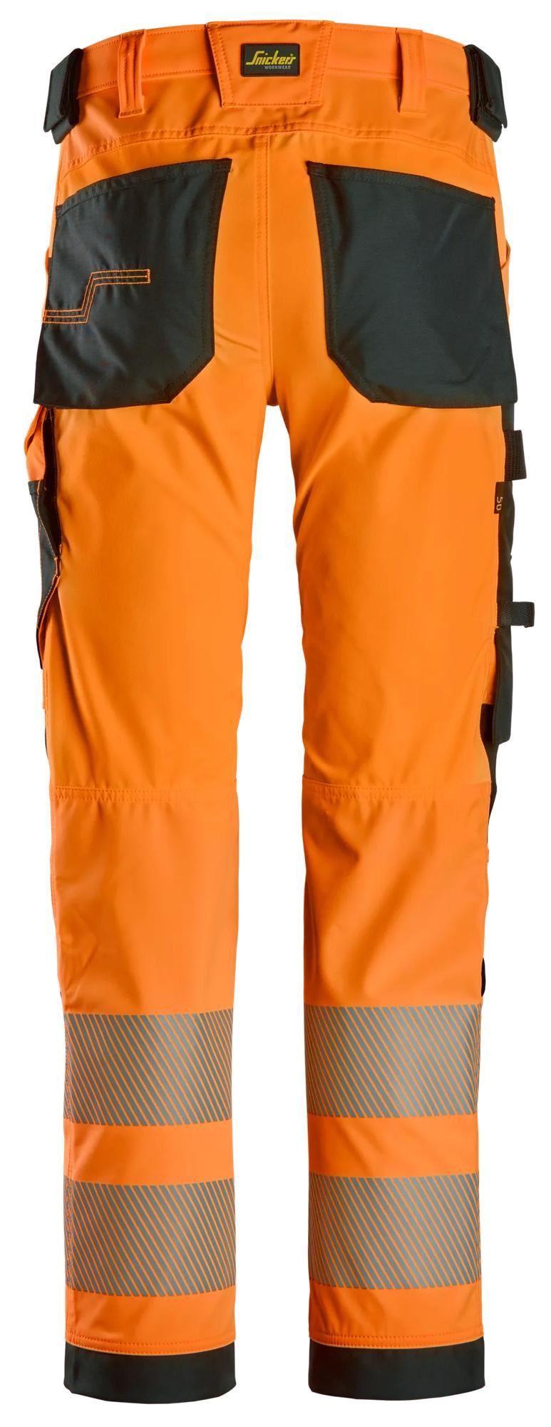 Snickers Workwear 6336 High-Vis Class 2, 4-way Stretch Trousers in Hi-Vis Orange/Black, back view