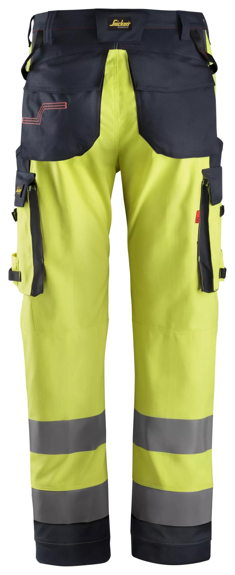 Snickers Workwear 6361 ProtecWork, Work Trousers Equal Leg Pockets, High-Vis Class 2 in Hi-Vis Yellow/Navy, back view