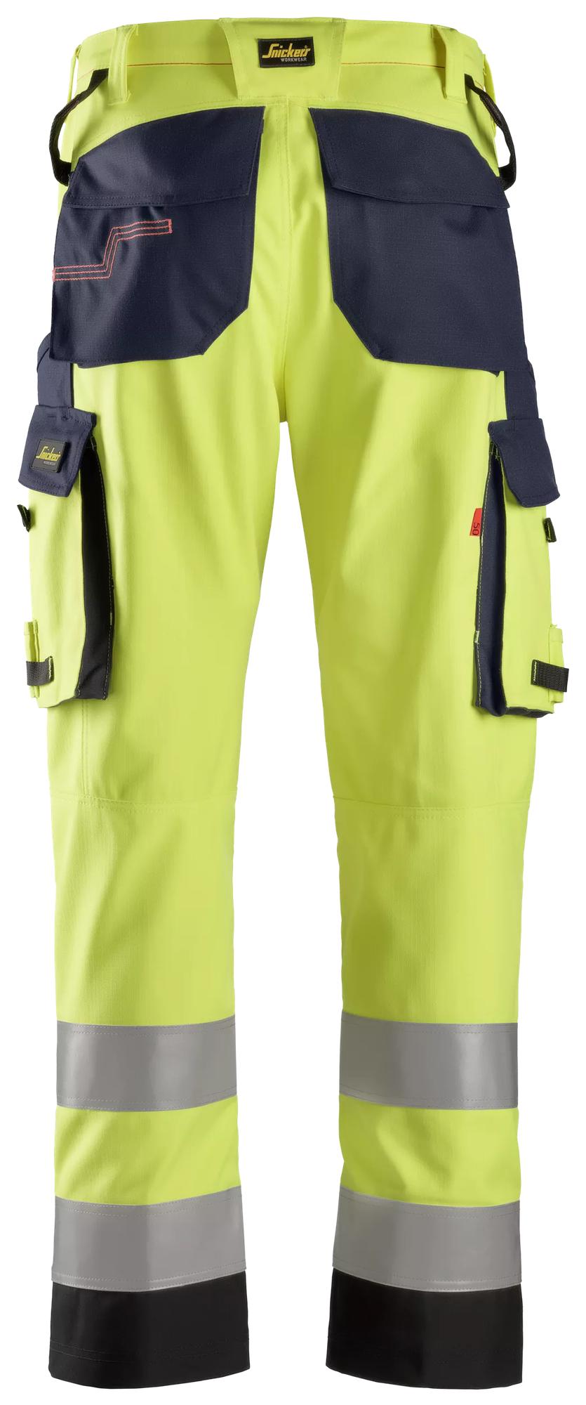 Snickers Workwear 6364 ProtecWork, Trousers Reinforced, High-Vis Class 2 in Hi-Vis Yellow/Navy, back view