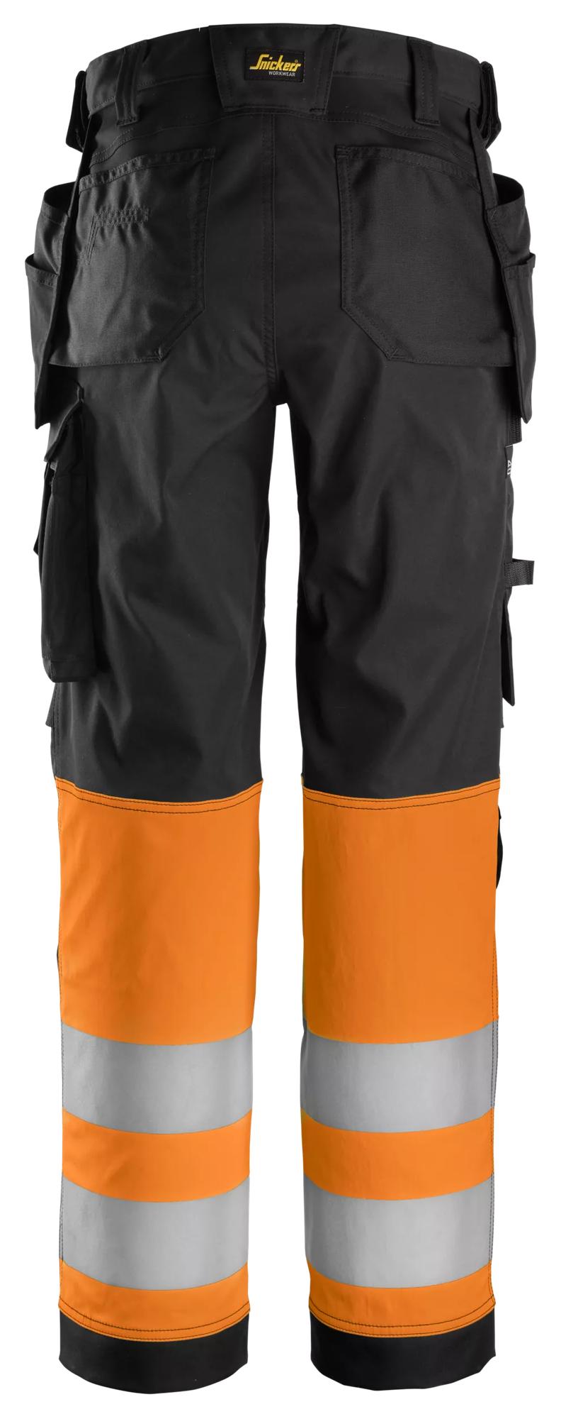 Snickers Workwear 6734 High-Vis Class 1, Women's Stretch Trouser Holster Pockets in Black/Hi-Vis Orange, back view