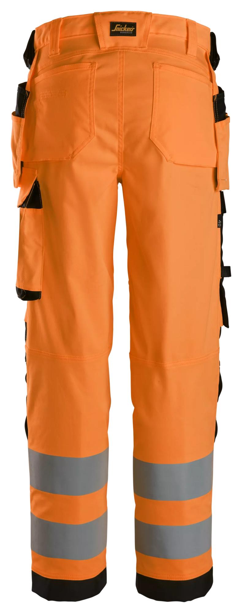 Snickers Workwear 6743 High-Vis Class 2, Women's Stretch Trousers Holster Pockets in Hi-Vis Orange/Black, back view