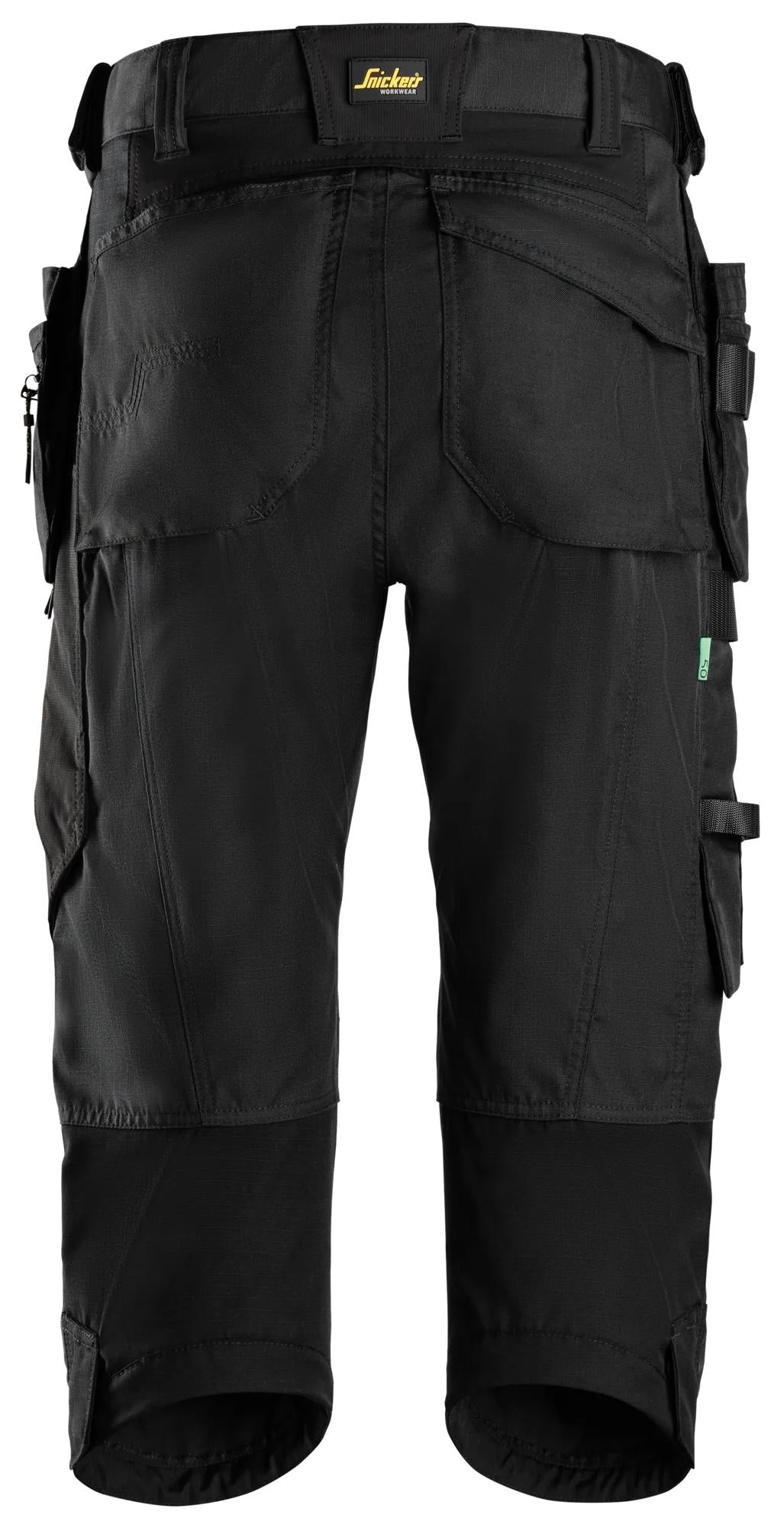 Snickers Workwear 6905 FlexiWork, Work Pirate Trousers+ Holster Pockets in Black/Black, back view