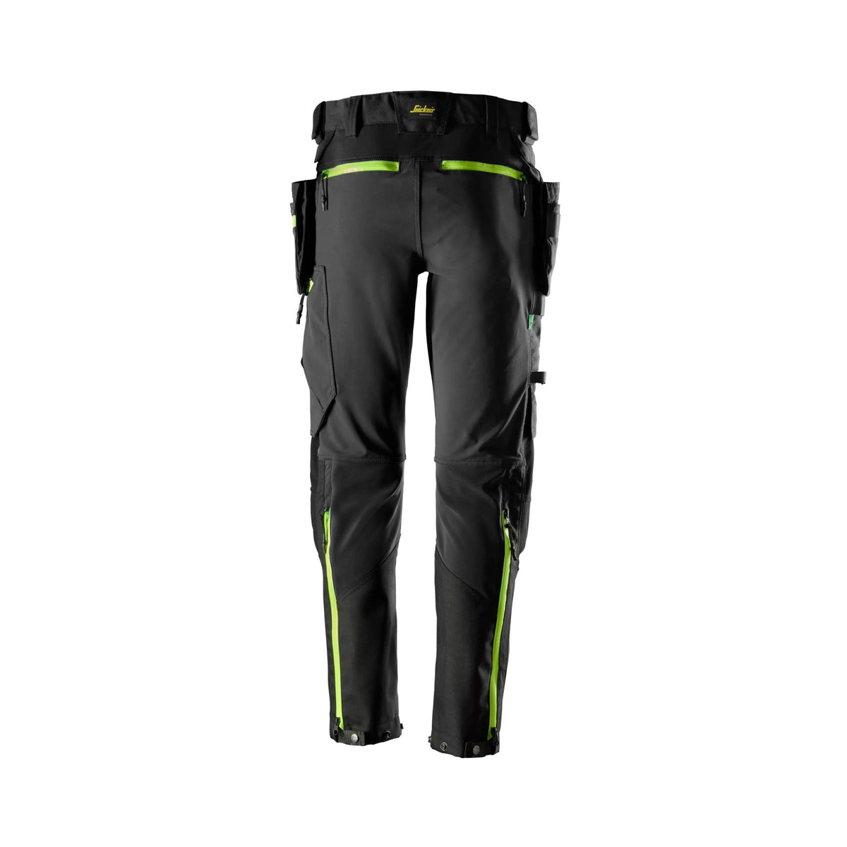 Snickers Workwear 6940 FlexiWork, Softshell Stretch Trousers+ Holster Pockets in Black/Neon Yellow, back view