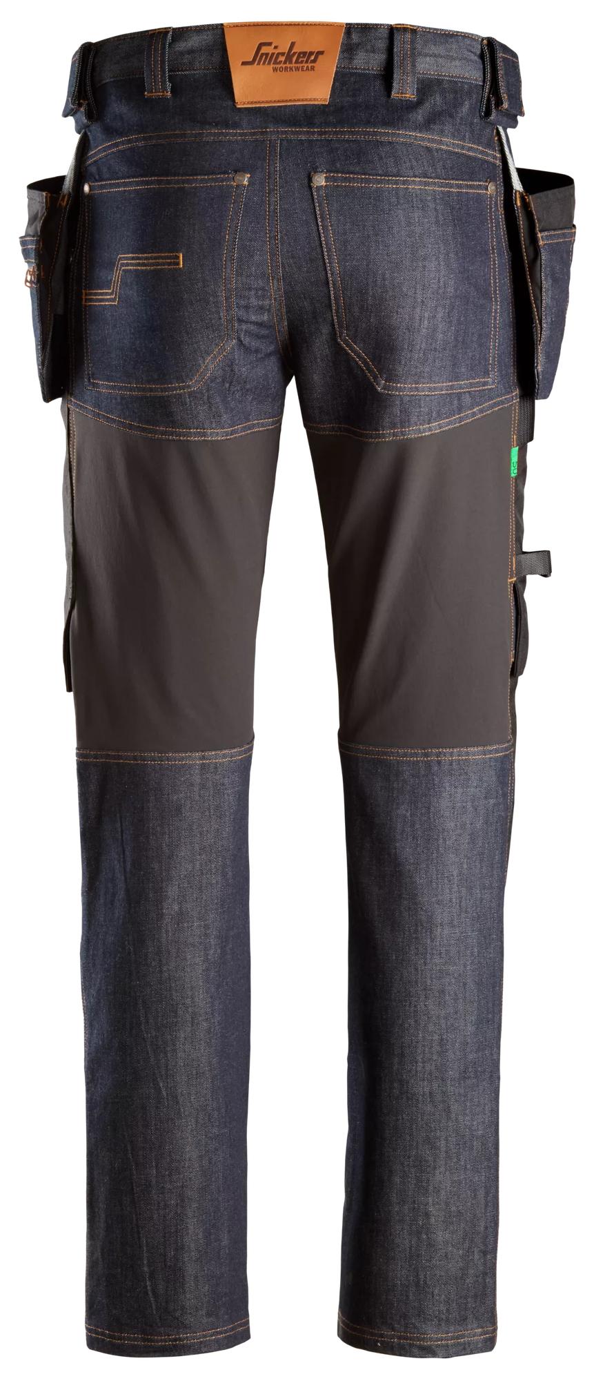 Snickers Workwear 6955 FlexiWork, Denim Work Trousers+ Holster Pockets in Denim/Black, back view