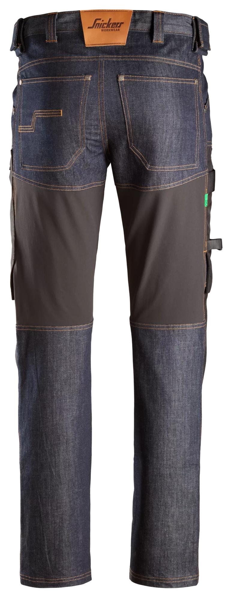 Snickers Workwear 6956 FlexiWork, Denim Work Trousers+ in Denim/Black, back view