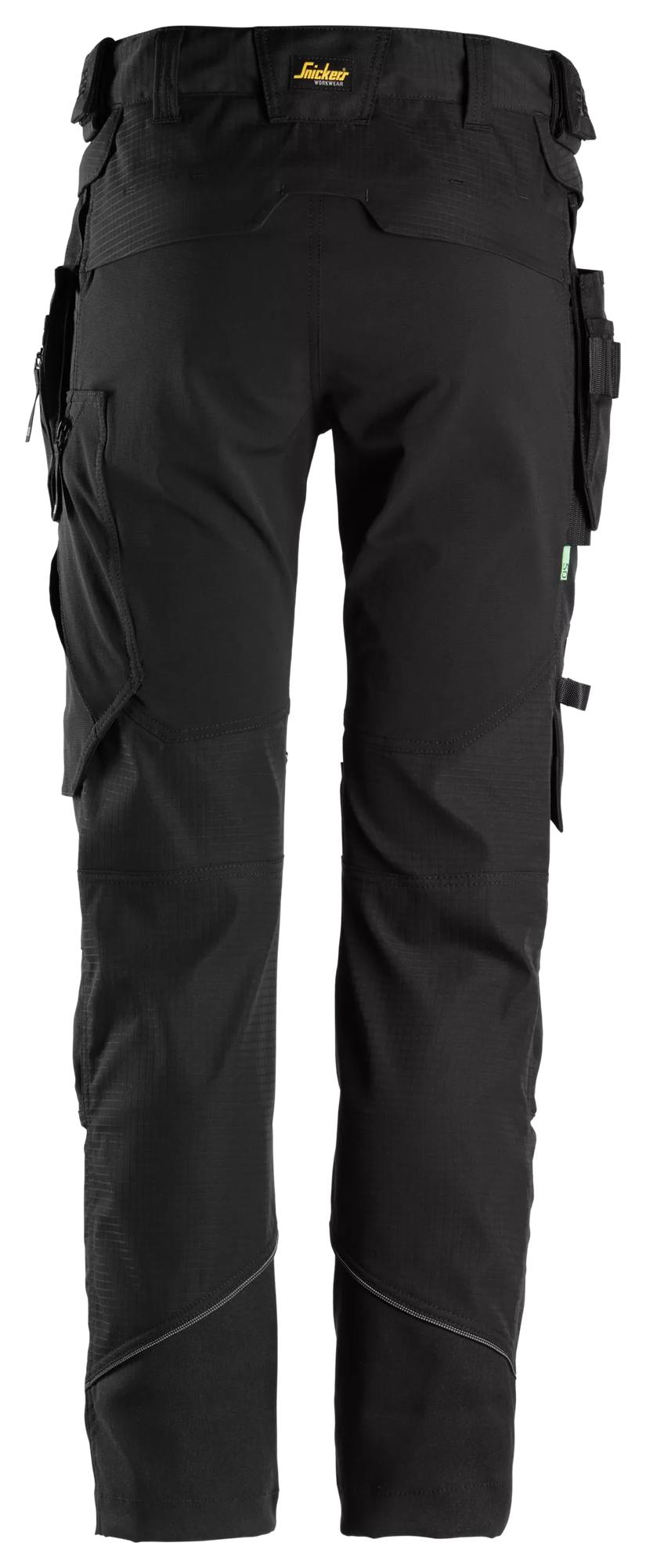 Snickers Workwear 6972 FlexiWork, Work Trousers+ Detachable Holster Pockets in Black/Black, back view