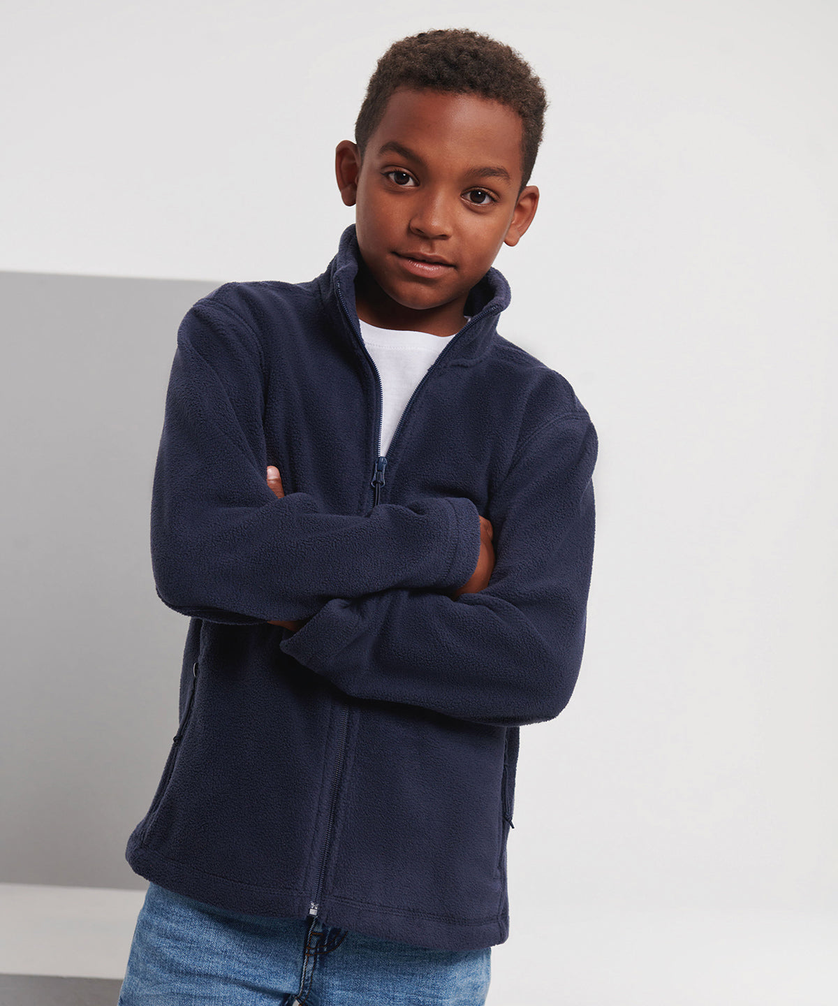 Russell Athletic Kids full-zip outdoor fleece, lifestyle photo
