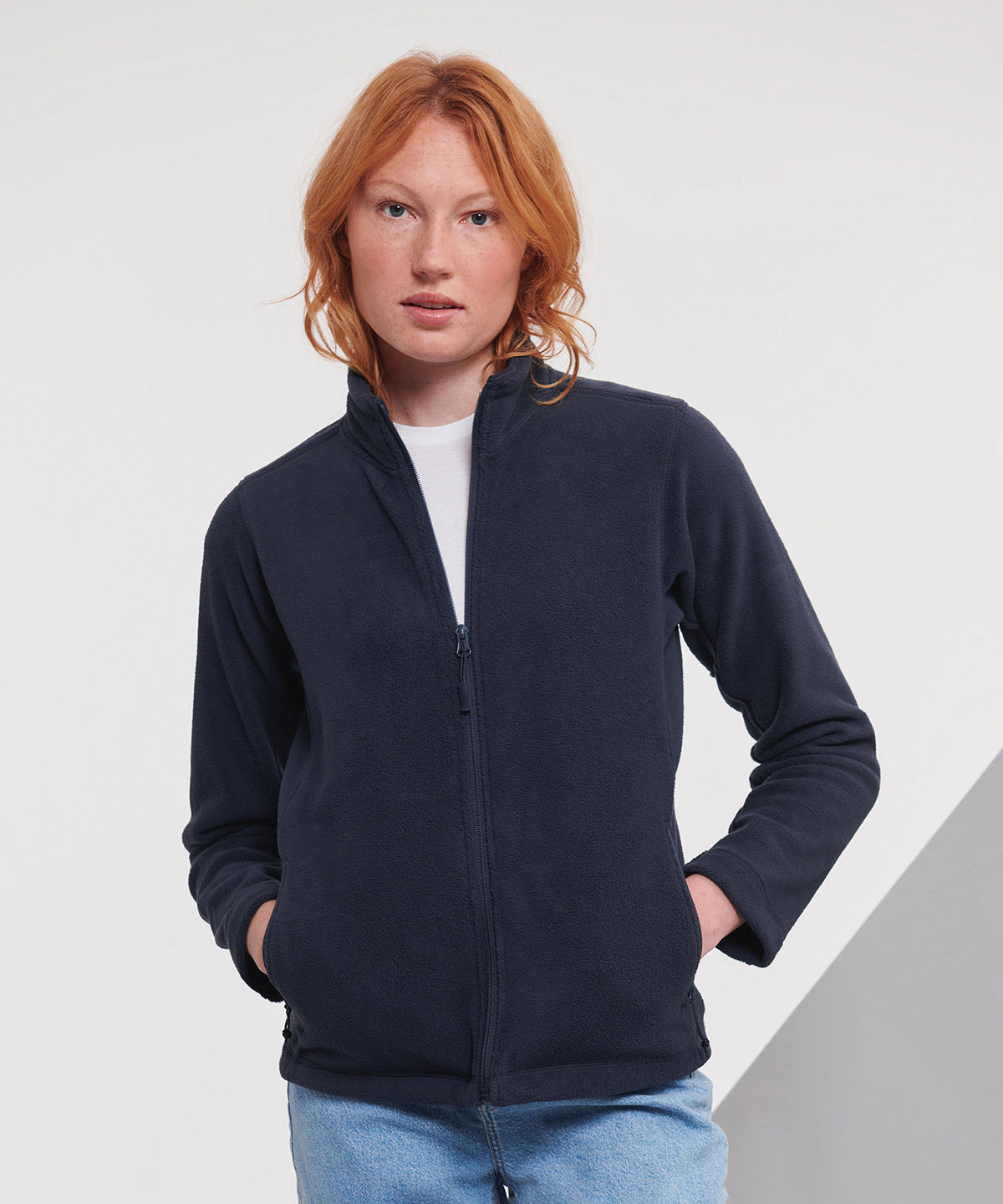 Russell Athletic Women's full-zip outdoor fleece, lifestyle photo
