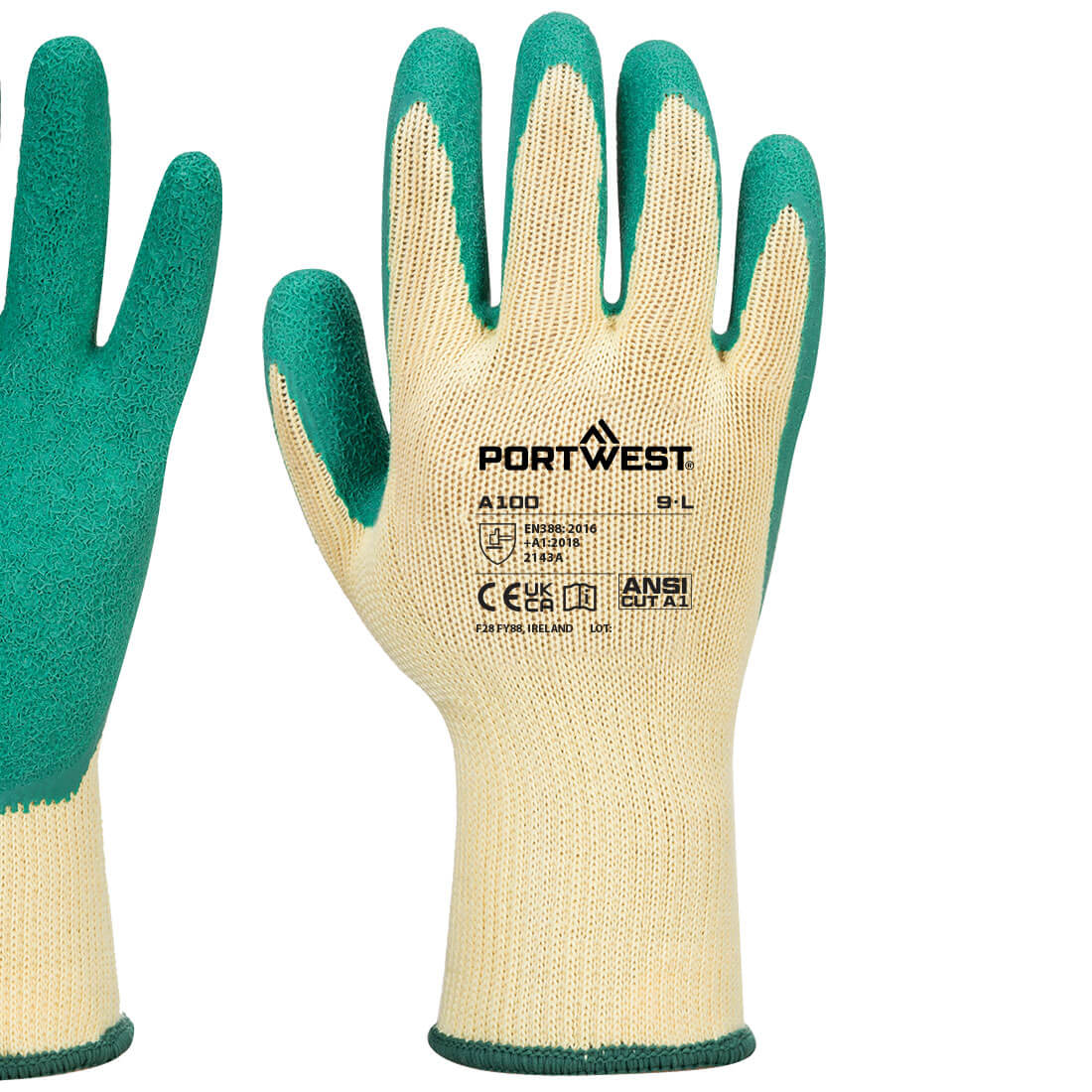Portwest A100 Grip 10 Latex Glove in Green, back view