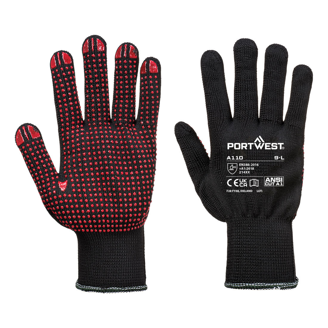 Portwest Grip 13 PVC Dotted Glove in Black, main product image
