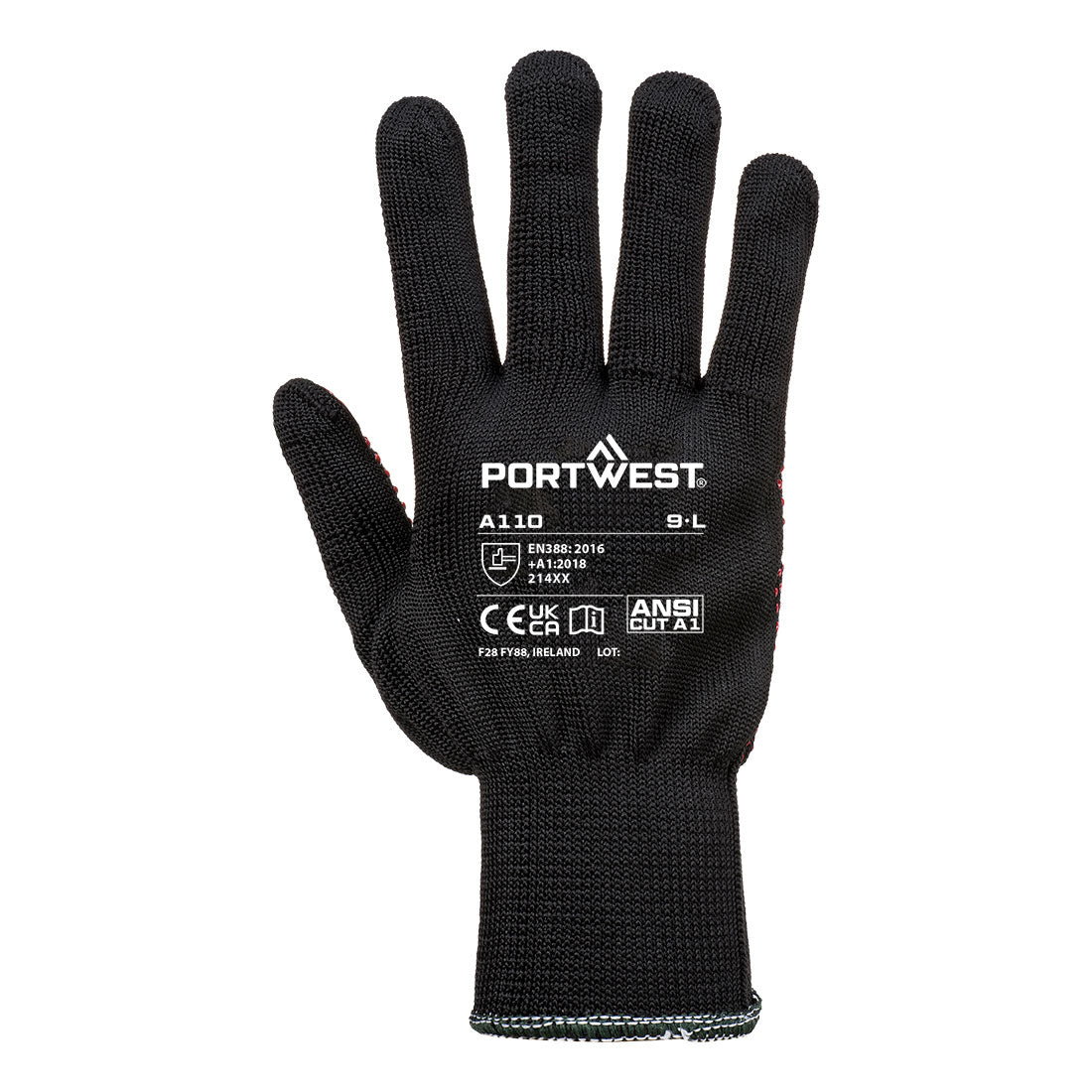 Portwest A110 Grip 13 PVC Dotted Glove in Black, back view