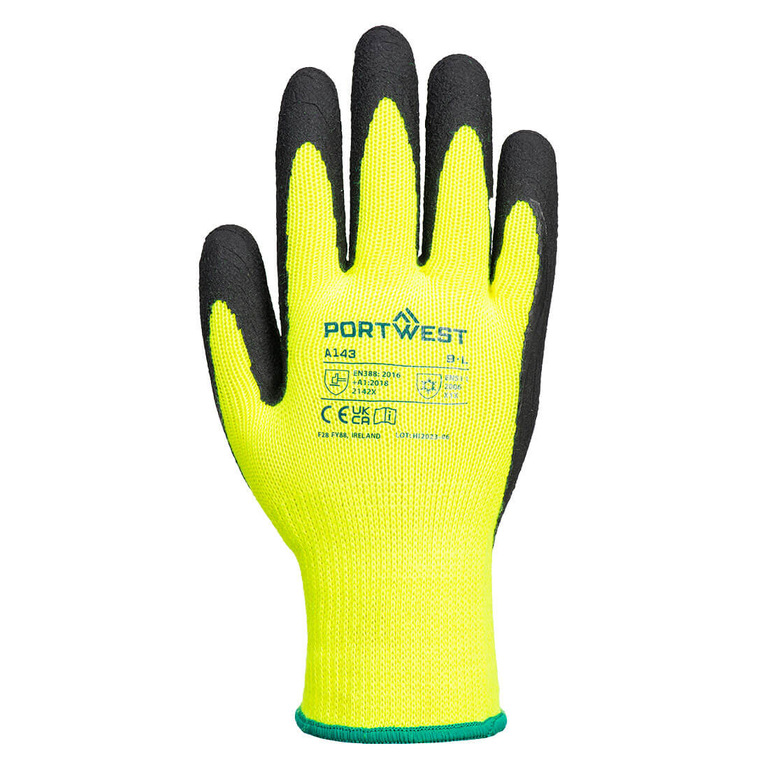 Portwest A143 Cold 10 Latex Foam Glove in Yellow/Black, back view