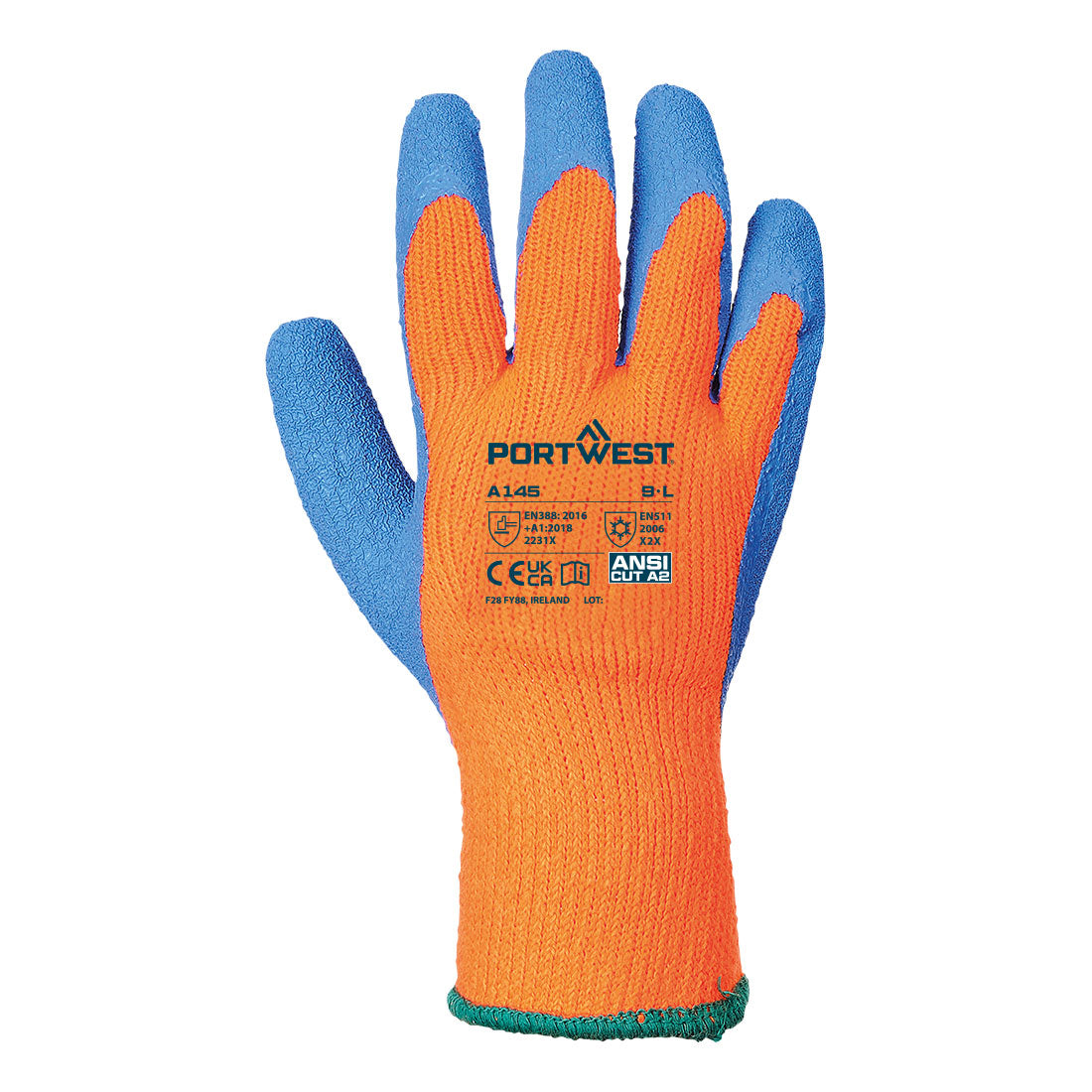 Portwest A145 Cold 7 Latex Crinkle Glove in Orange/Blue, back view