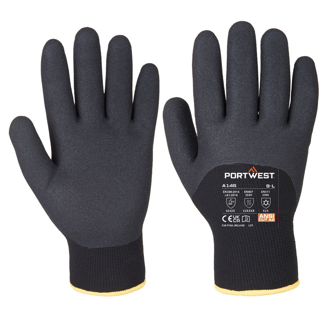 Portwest Cold 15 Nitrile Sandy 3/4 Dipped Glove in Black, main product image