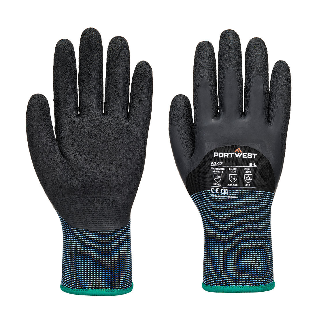 Portwest Cold 13 Latex Crinkle 3/4 Dipped Glove in Black, main product image