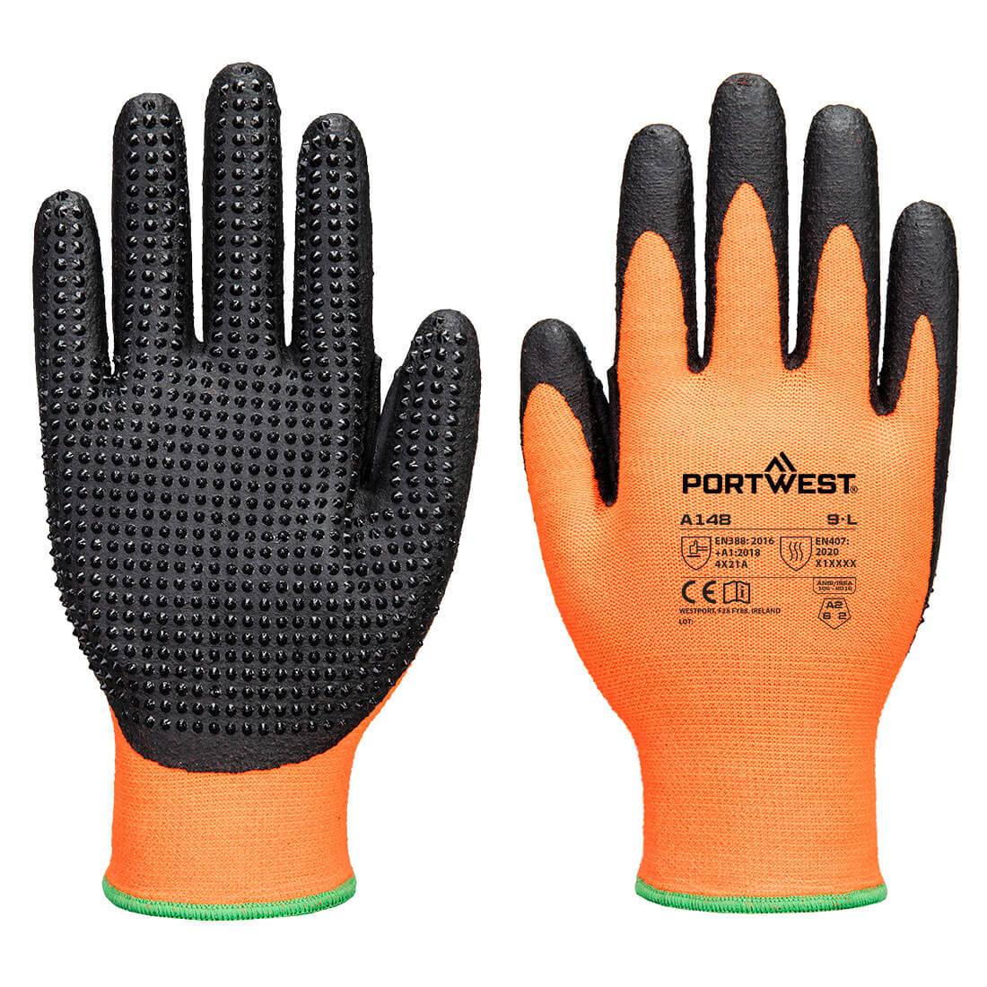 Portwest Grip 13 Nitrile High Dotted Glove in Orange/Black, main product image