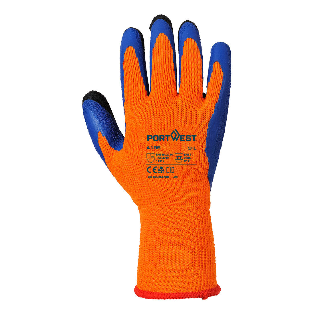 Portwest A185 Cold 7 Latex Crinkle Finger Dipped Glove in Orange/Blue, back view