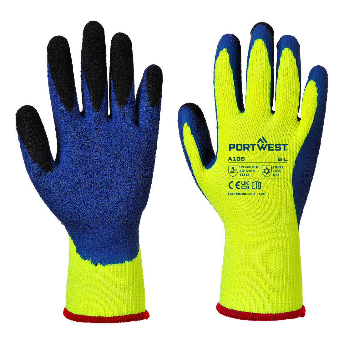 Portwest Cold 7 Latex Crinkle Finger Dipped Glove in Yellow/Blue, image 2