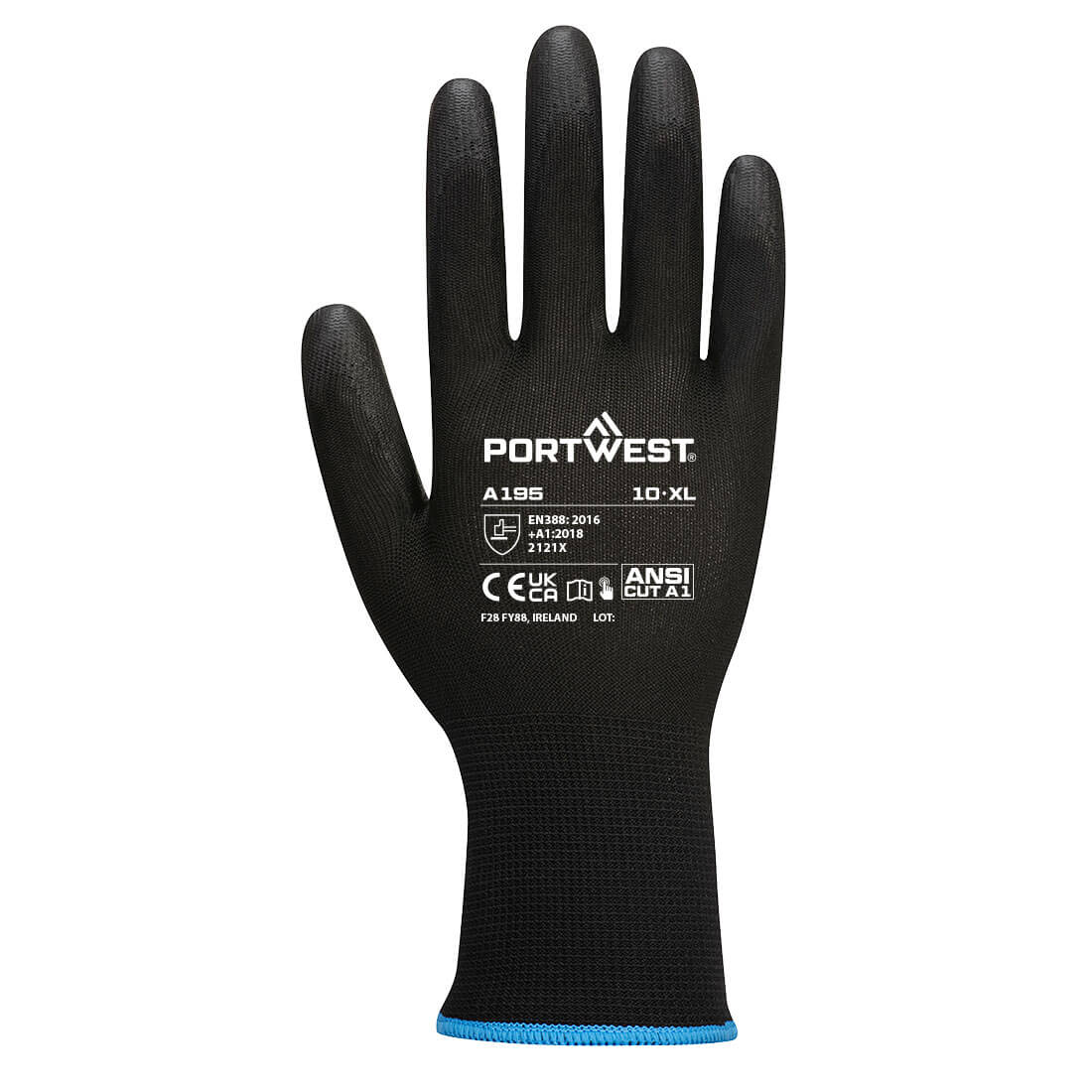 Portwest A195 Grip 13 PU Touchscreen Glove in Black, back view