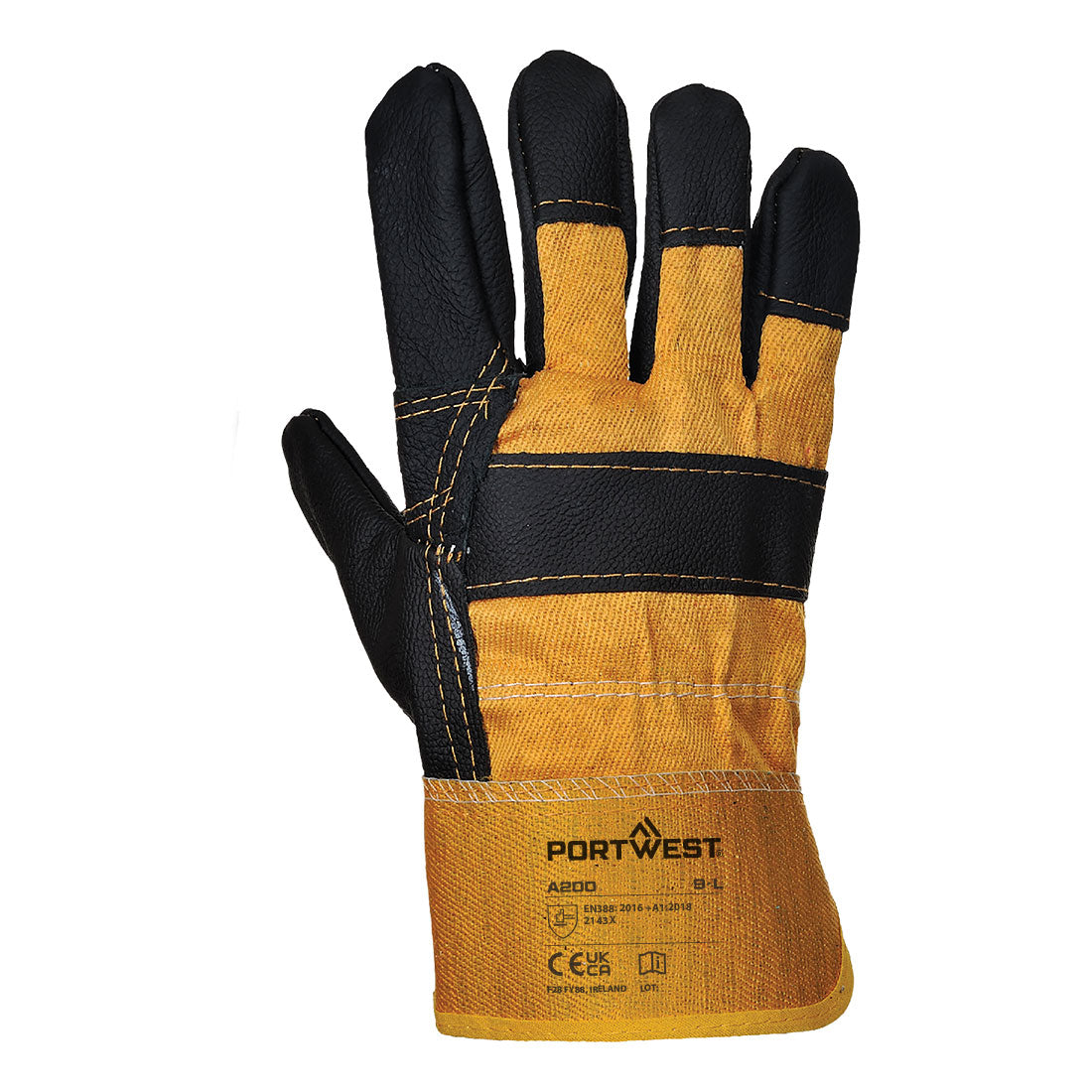Portwest A200 Leather Rigger 270 Cow Grain Palm Bar Glove in Yellow, back view