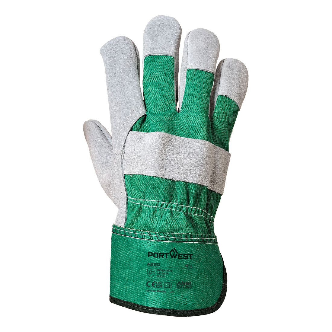 Portwest A220 Leather Rigger 130 Cow Split Glove in Green, back view