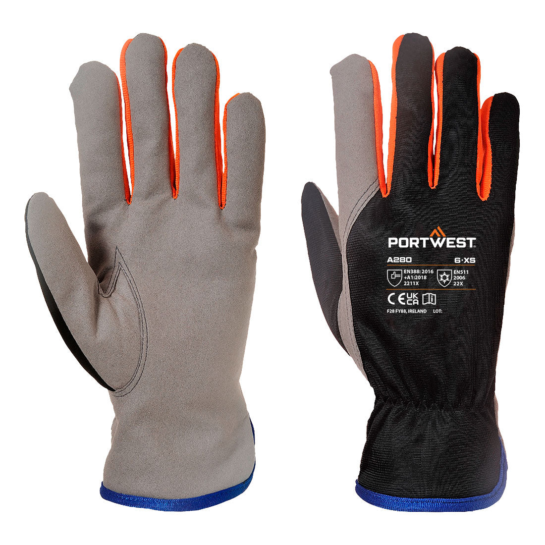 Portwest Cold 240 Synthetic Leather Mechanical Glove in Black/Orange, main product image
