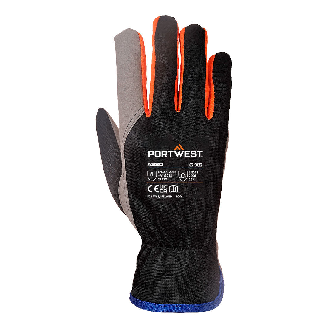 Portwest A280 Cold 240 Synthetic Leather Mechanical Glove in Black/Orange, back view