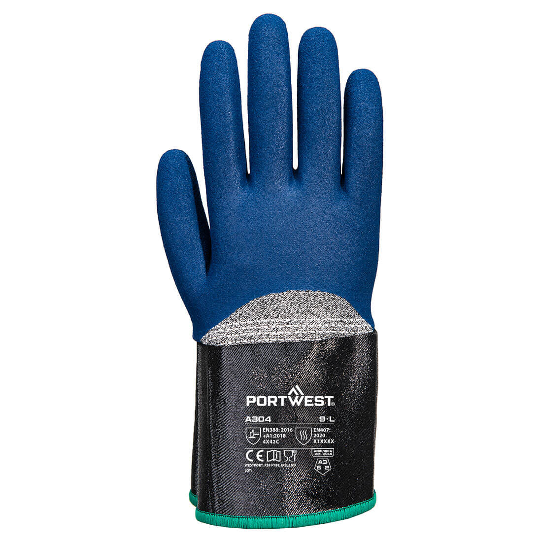 Portwest A304 Grip C13 Nitrile Foam Extend Cuff Glove in Grey/Blue, back view