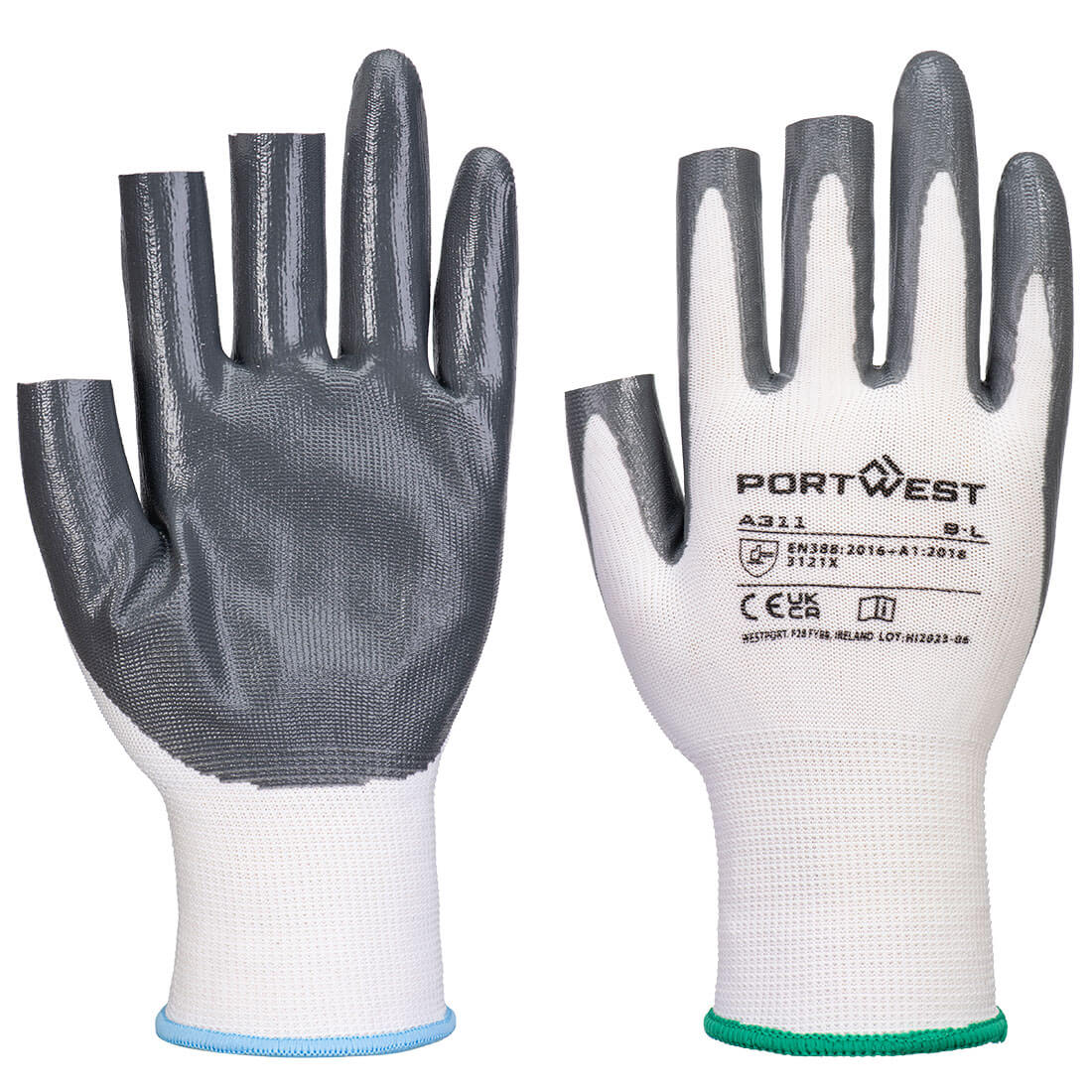 Portwest Grip 13 Nitrile 3 Fingerless Glove (Pk 12) in White/Grey, main product image