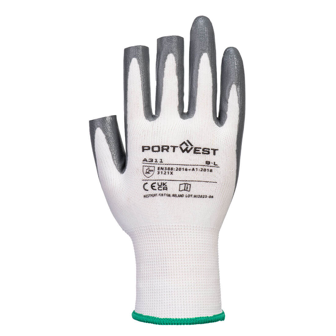 Portwest A311 Grip 13 Nitrile 3 Fingerless Glove (Pk 12) in White/Grey, back view