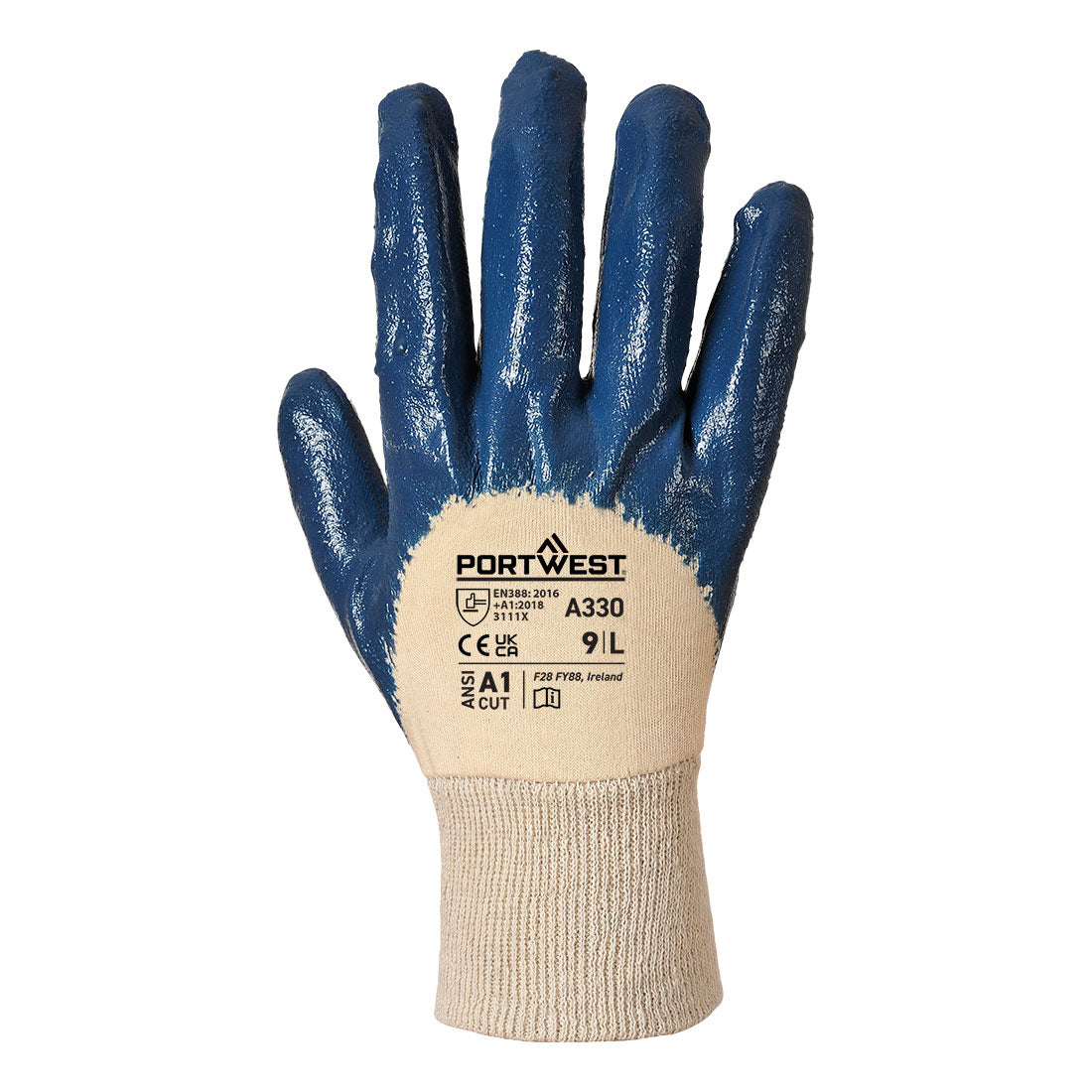 Portwest A330 Grip 12 Nitrile Light Knitwrist Glove in Navy, back view