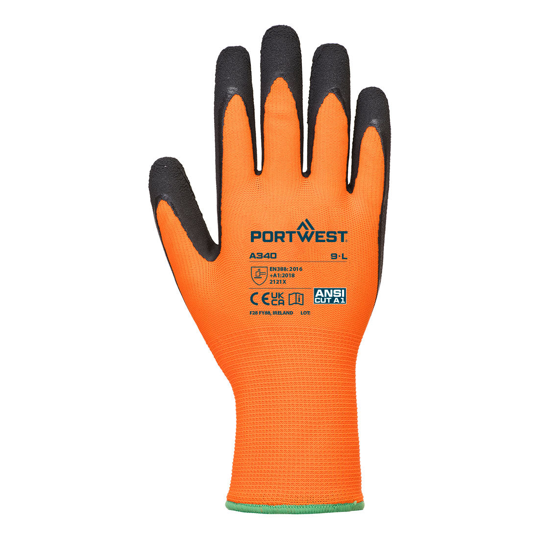 Portwest A340 Grip 13 Latex Foam Hi-Vis Glove in Orange/Black, back view