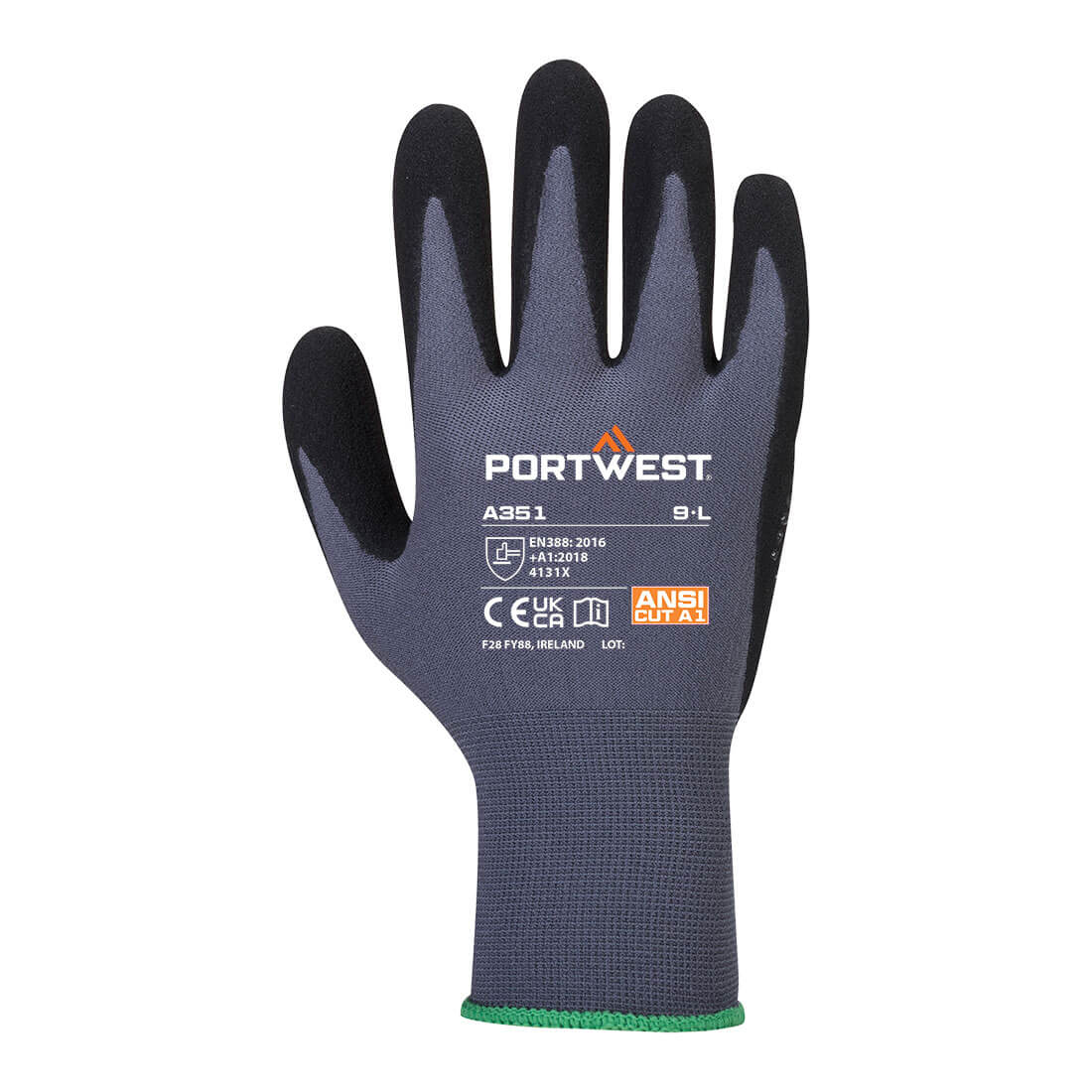 Portwest A351 Grip 15 Nitrile Sandy Dotted Glove in Grey/Black, back view
