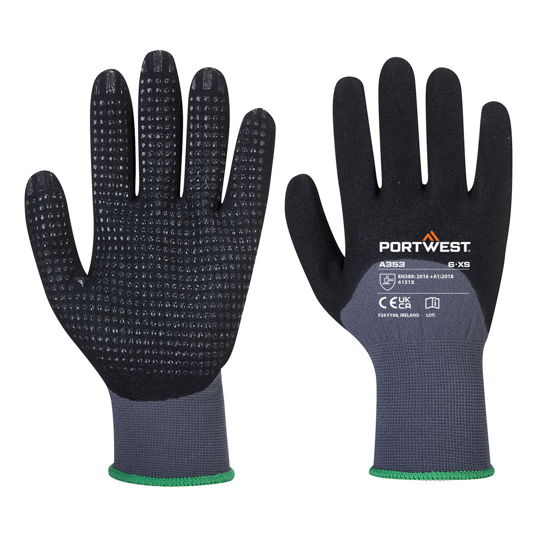 Portwest Grip 15 Nitrile Sandy 3/4 Palm Dotted Glove in Grey/Black, main product image