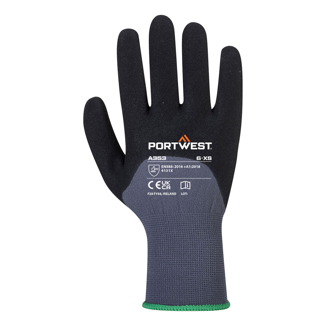 Portwest A353 Grip 15 Nitrile Sandy 3/4 Palm Dotted Glove in Grey/Black, back view