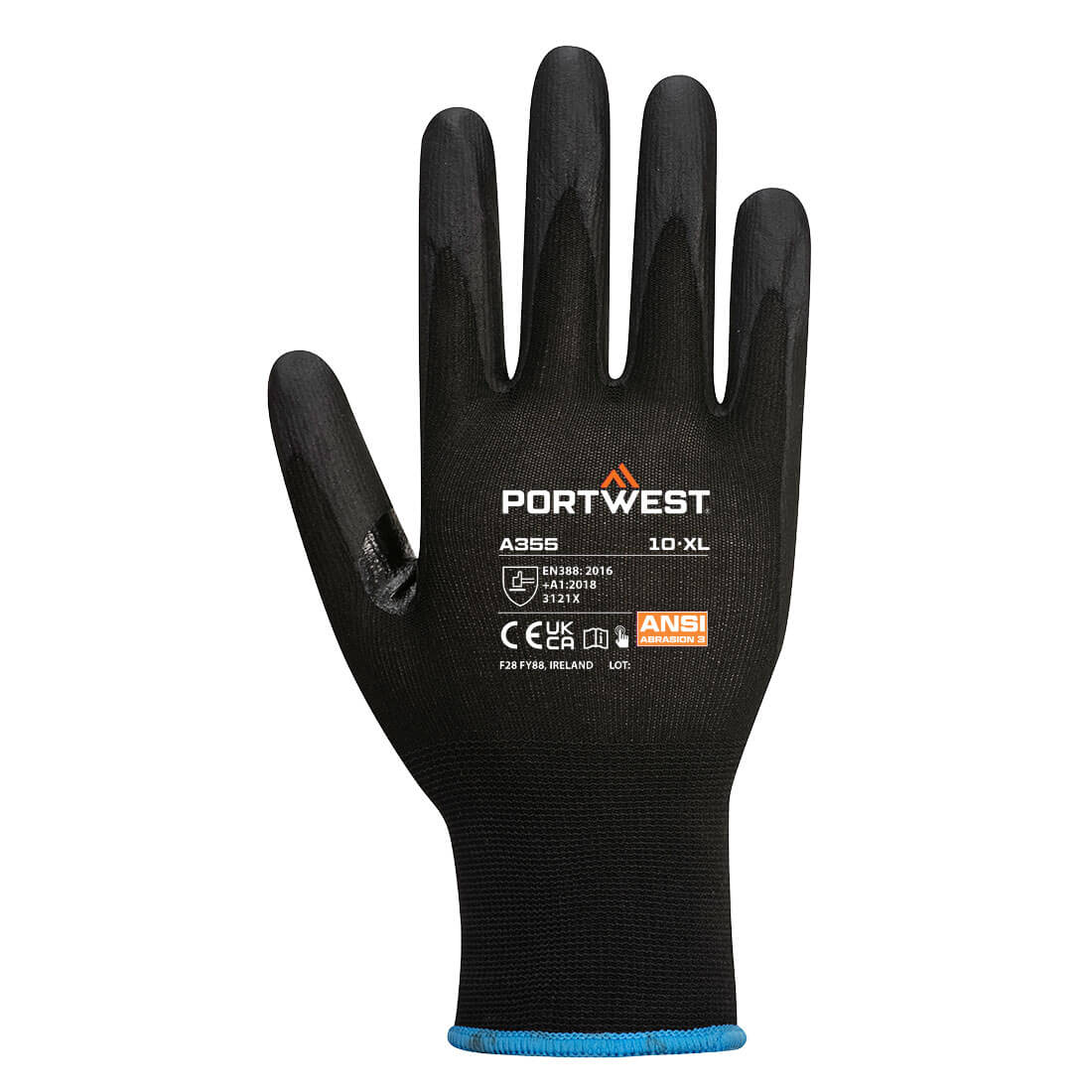 Portwest A355 Grip 15 Nitrile Foam Touchscreen Glove (Pk12) in Black, back view
